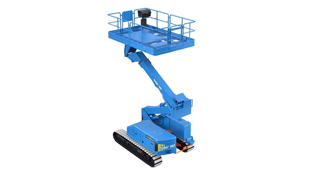 A blue tracked aerial work platform in front of a white background.