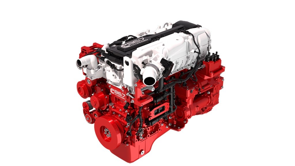 A red and white industrial engine against a white background.