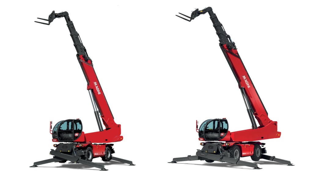 Two rotating telehandlers on a white background