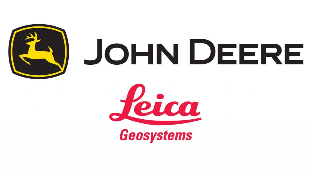 Logos of John Deere and Leica Geosystems on a white background.