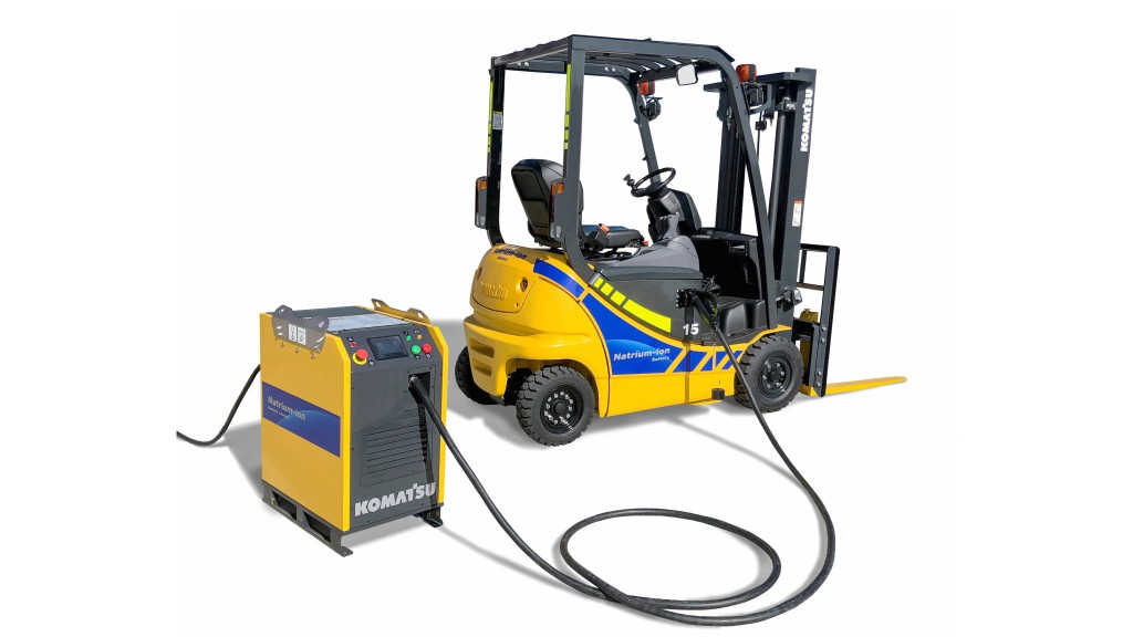 An electric forklift is being charged