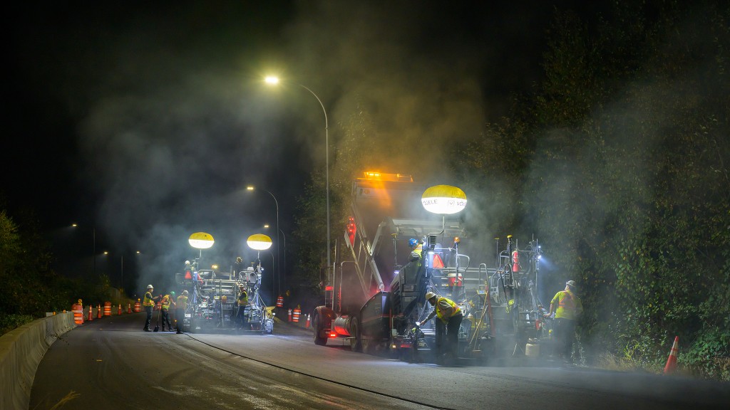 A road paving crew working at night under lights.