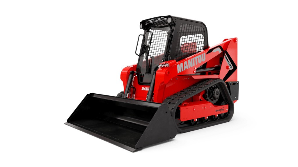 A compact track loader on a white background