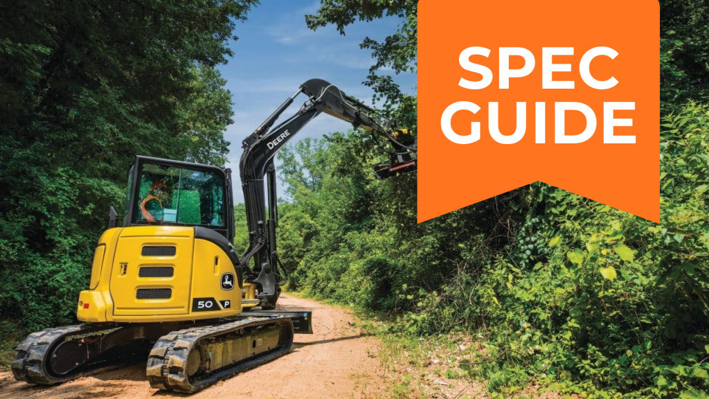 A mini excavator uses an attachment to cut overhanging brush A mini excavator uses an attachment to cut overhanging brush