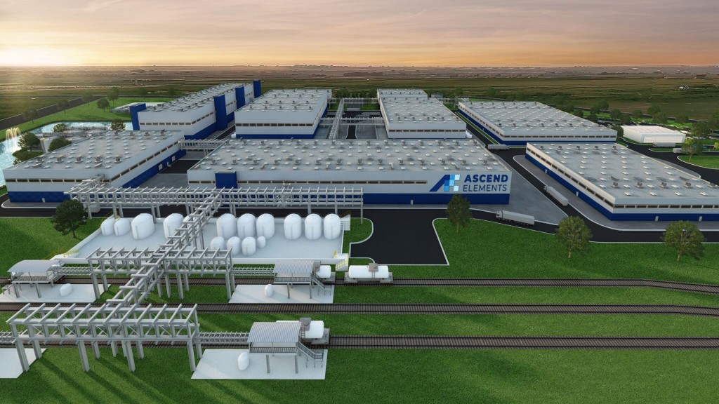 A digital rendering of a battery material manufacturing facility