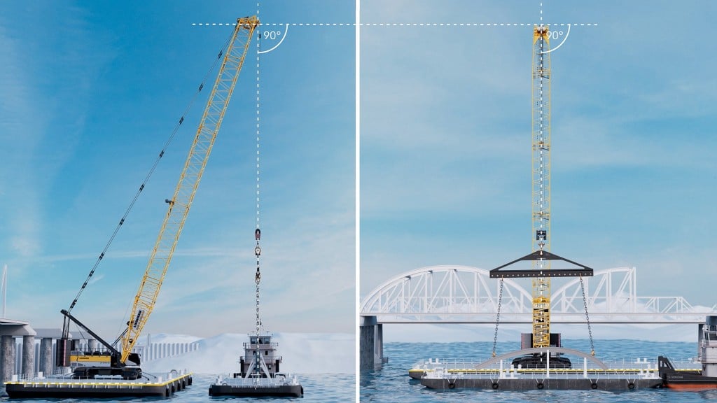 An illustration showing the operation of a safety system for floating crawler cranes.
