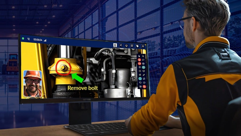 A man stands in front of a computer screen with a depiction of maintenance software.