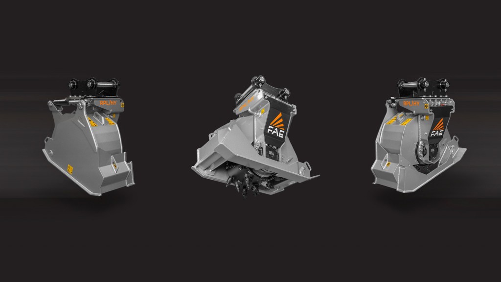 Rendered images of a road planer attachment in front of a black background.