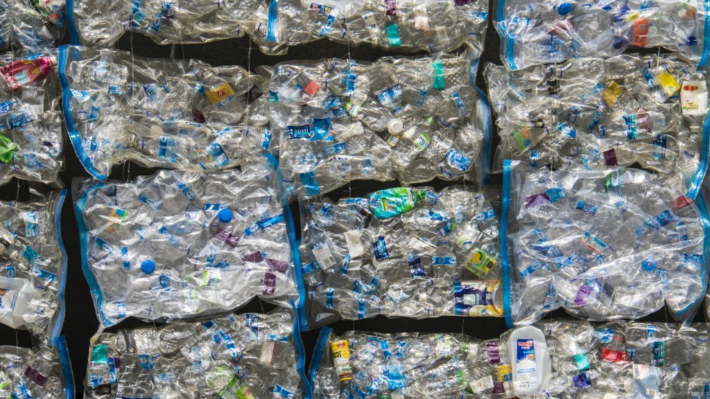 Bales of squished plastic bottles