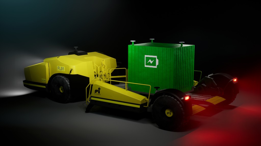 A rendering of an automated transport unit moving equipment.