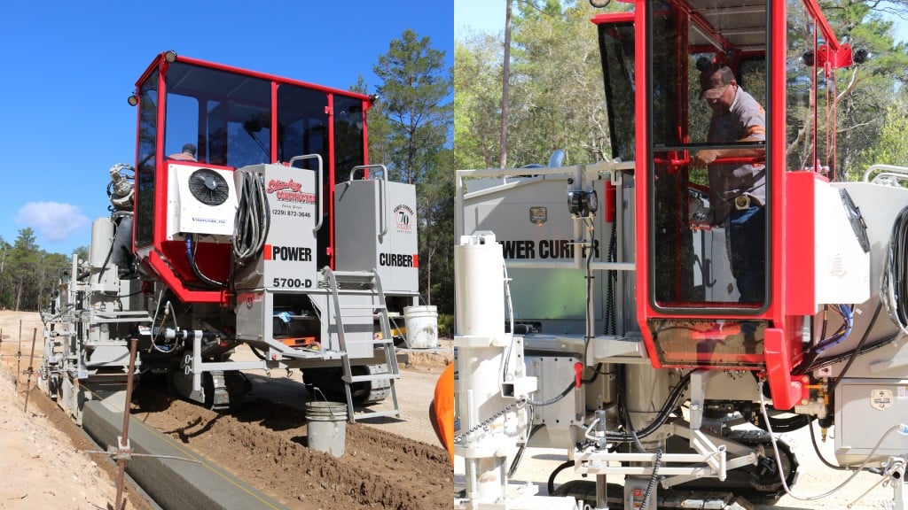 Power Curbers enclosed cab curb and gutter machine protects operators from the elements