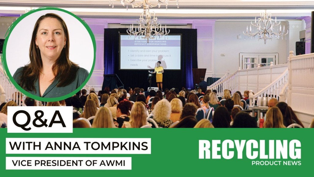 A photo of Anna Tompkins overlaid on an AWMI conference