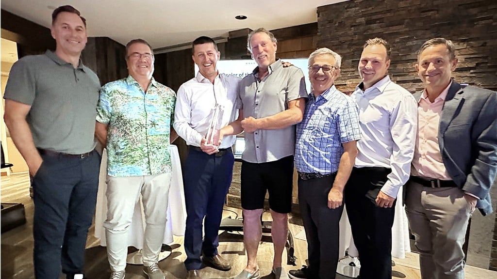 Leaders from Great West Equipment accept their award from Volvo CE. Left to Right: Scott Young, Head of Region North America, VCE; Colin Matejka, President, Great West; Rob Rintoul, CFO, Great West; Roger Dobie, COO, Great West; Agako Nouch, Head of Sales Development, VCE; Evan Perry, District Vice President, VCE; Jeff Keller, District Sales Manager, VCE.