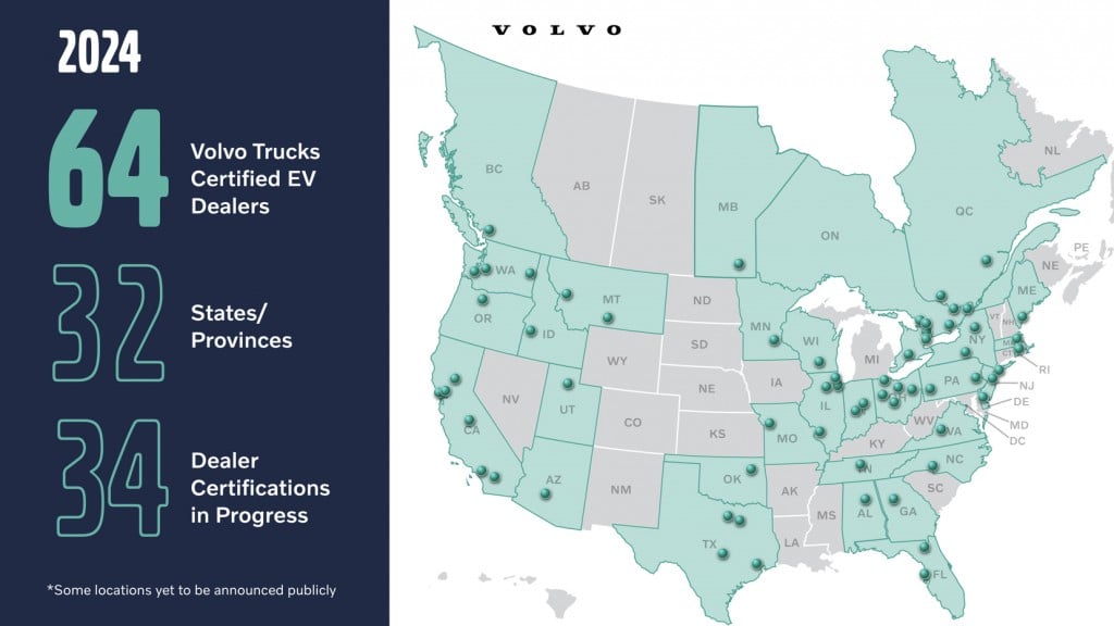 The Volvo Trucks Certified EV Dealer network has expanded to 64 locations across 28 U.S. states and four Canadian provinces across North America.