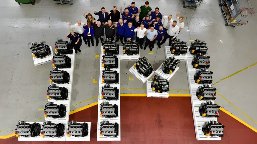 Employees at JCB Power Systems in Foston, Derbyshire, England, celebrate the production of JCB’s one millionth engine