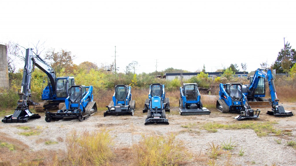 A lineup of compact loaders and excavators outfitted with brush cutter attachments