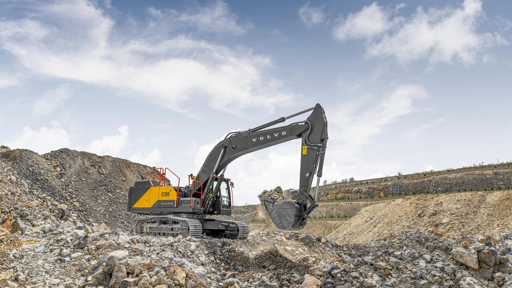 A Volvo crawler excavator at work in a rocky quarry