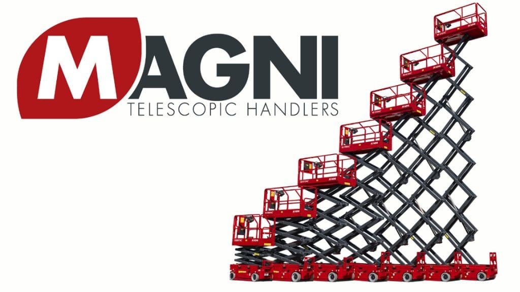 A series of scissor lifts with the MAGNI telescoping handler logo