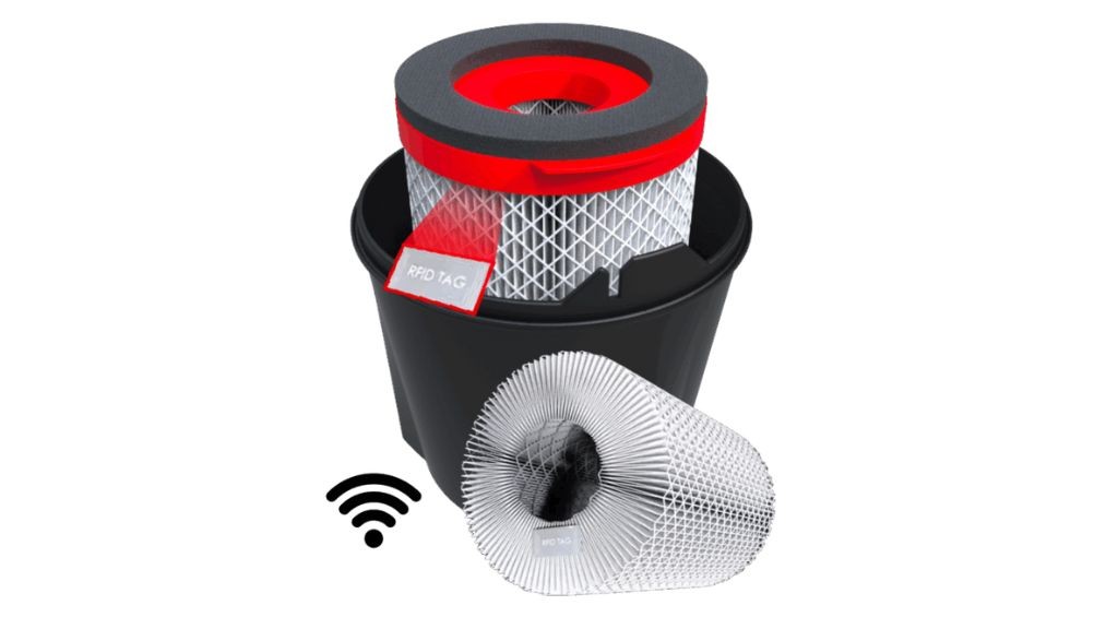 A red and black filtration device with the wifi logo in the bottom left corner A red and black filtration device with the wifi logo in the bottom left corner