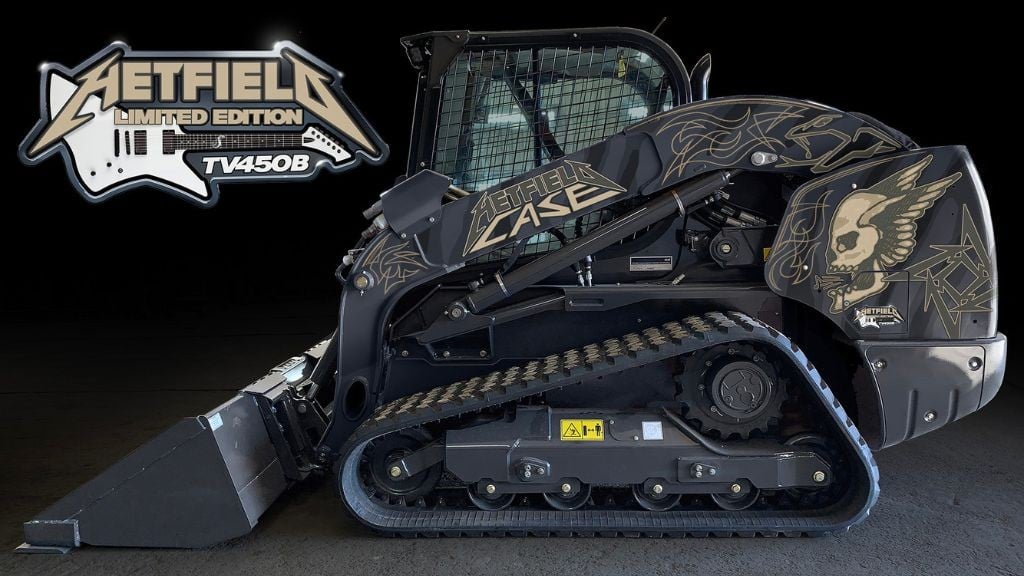 A compact track loader with dark gothic designs on a black background