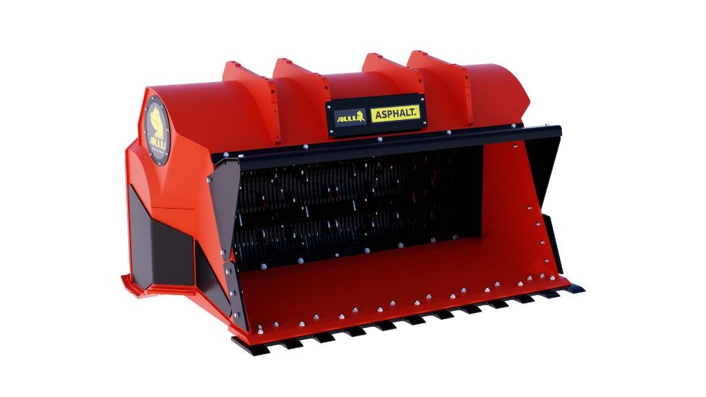 A large asphalt screening bucket on a white background A large asphalt screening bucket on a white background