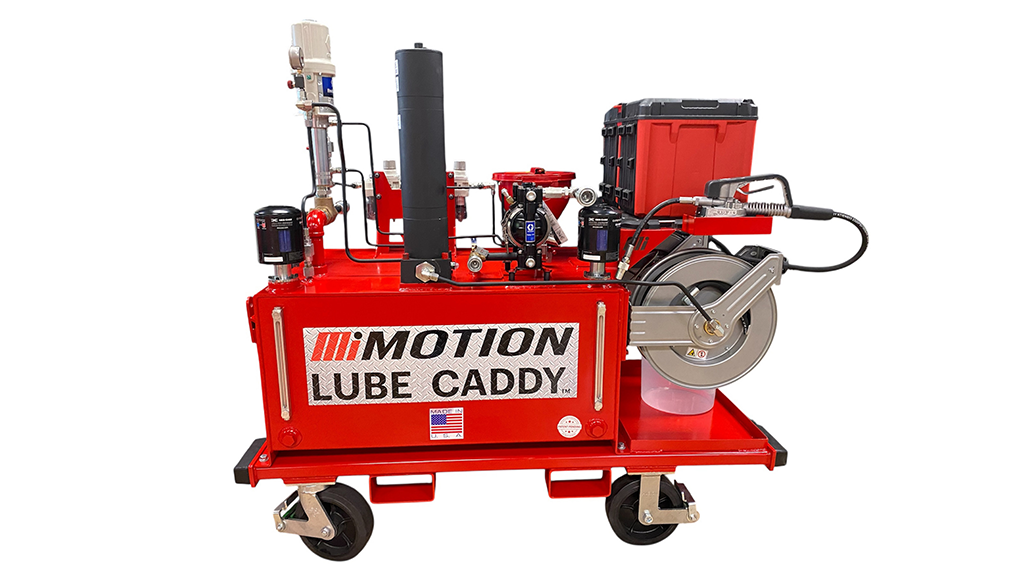 A large red lubrication cart