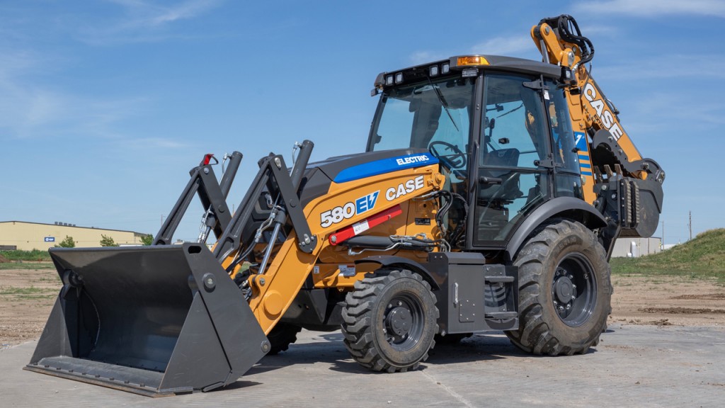 The CASE 580EV electric backhoe loader on the job site