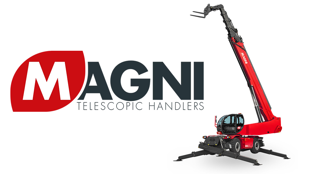 A large telescopic handler on a white background with the Magni logo A large telescopic handler on a white background with the Magni logo