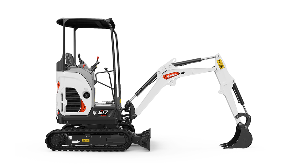 A compact excavator on a white background