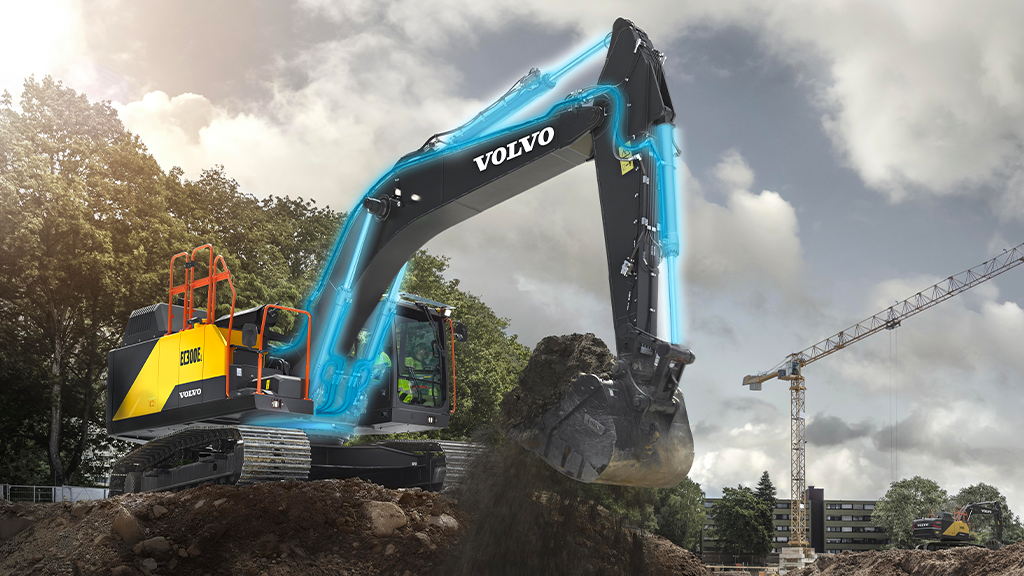 An excavator working on an outdoor site next to a crane with blue illustrations added to demonstrate hybrid power