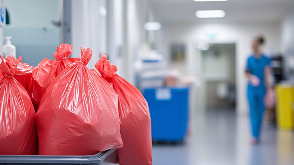 Large red bags of waste inside the halls of a hospital environment