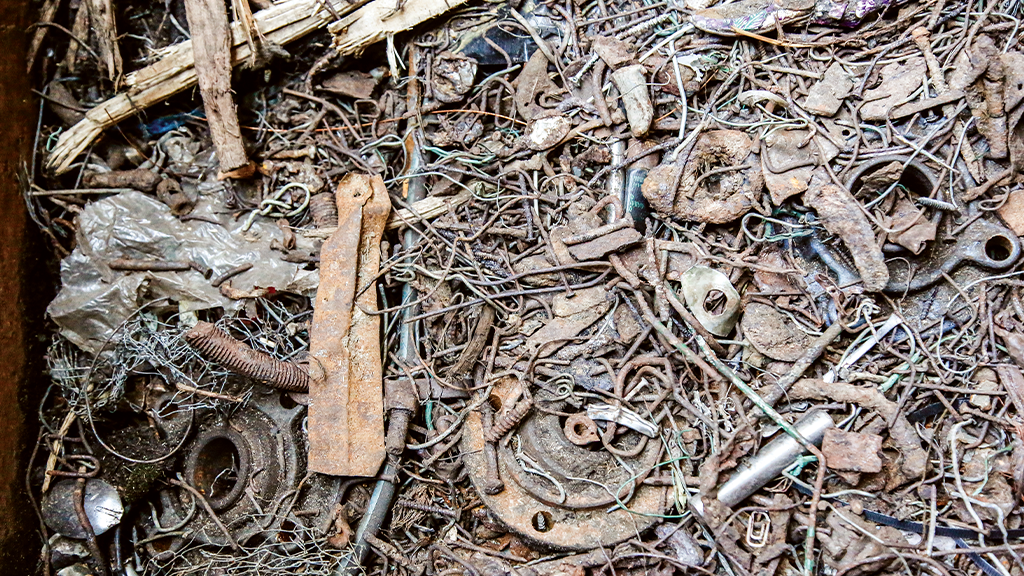 A pile of loose ferrous metal scraps