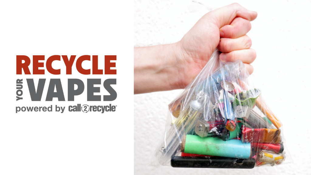 A person holding a plastic bag filled with vape pods with the Call2Recycle logo