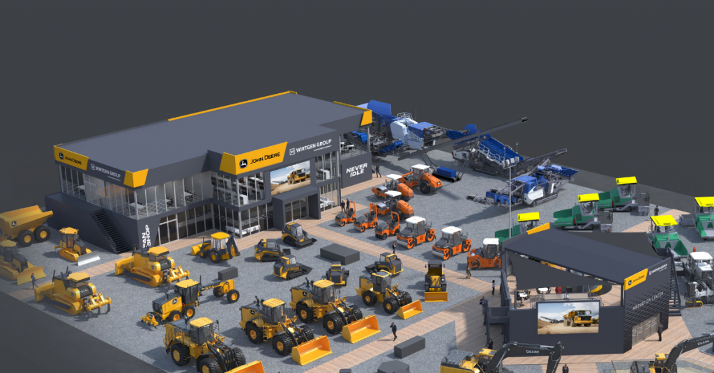 A 3D rendering of an outdoor display at a construction show with heavy machines