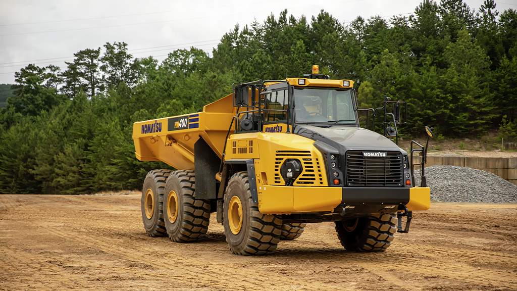 An articulated hauler on an outdoor site An articulated hauler on an outdoor site