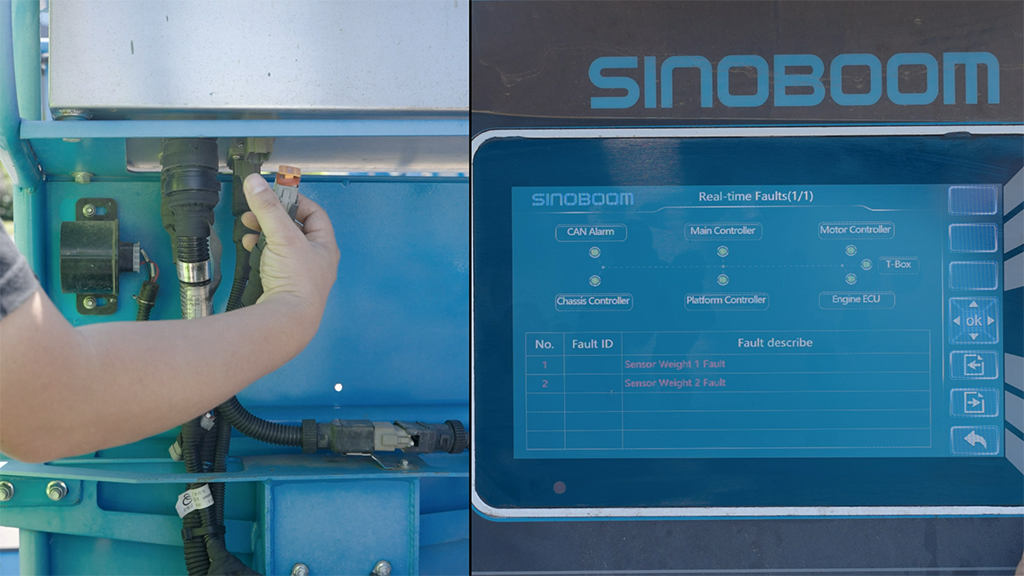 A man working on a heavy machine with a tablet screen for a telematics platform