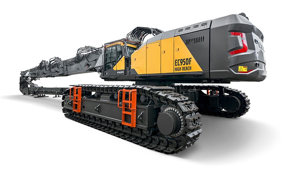 A high-reach excavator in the compacted position