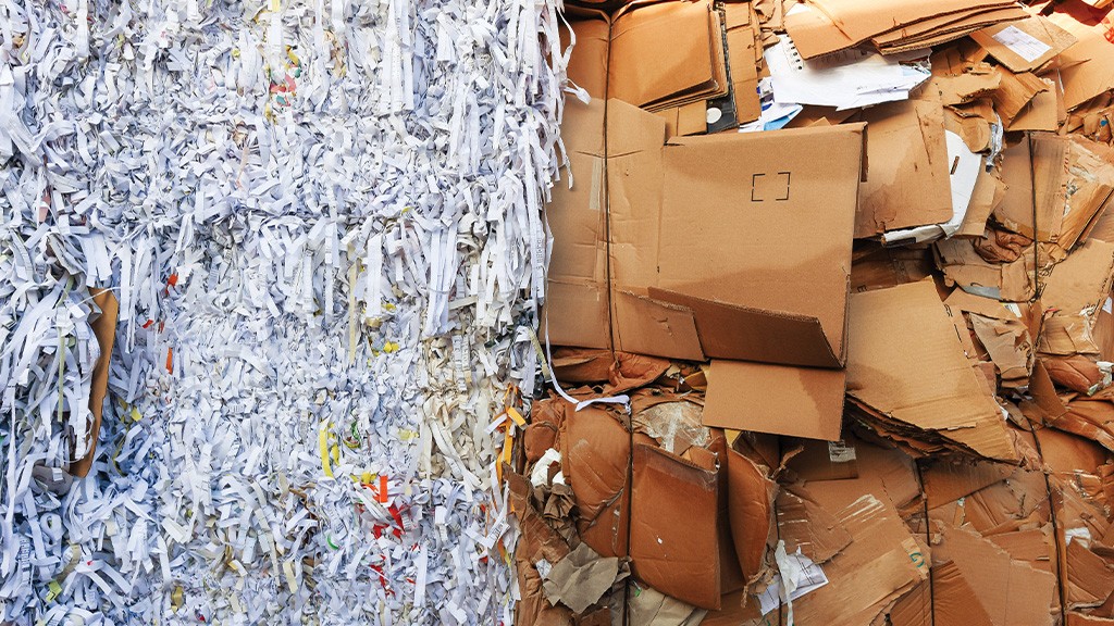 A split image with shredded paper and corrugated cardboard stacked in piles