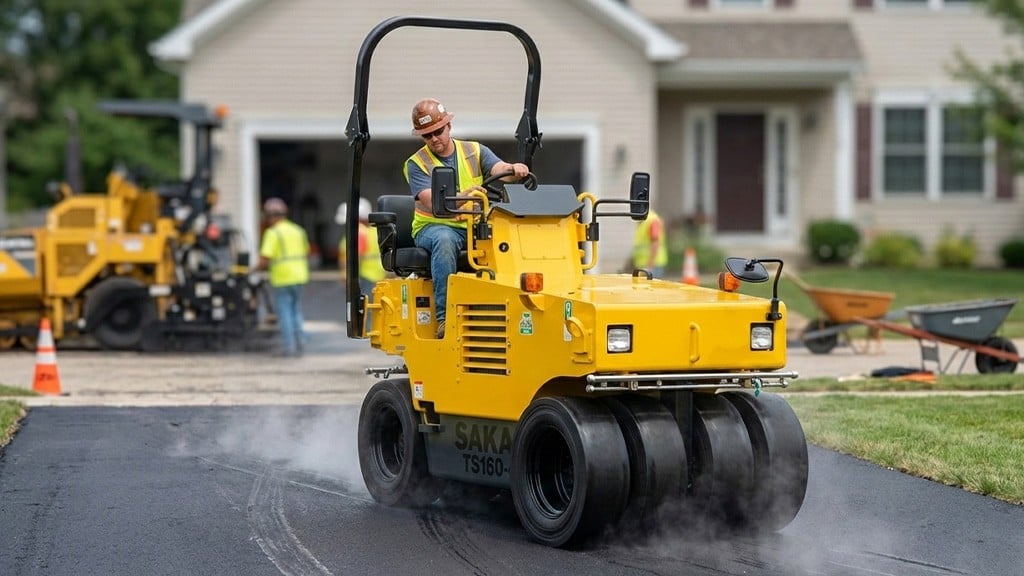 A man operates a small compaction roller on a residential driveway A man operates a small compaction roller on a residential driveway