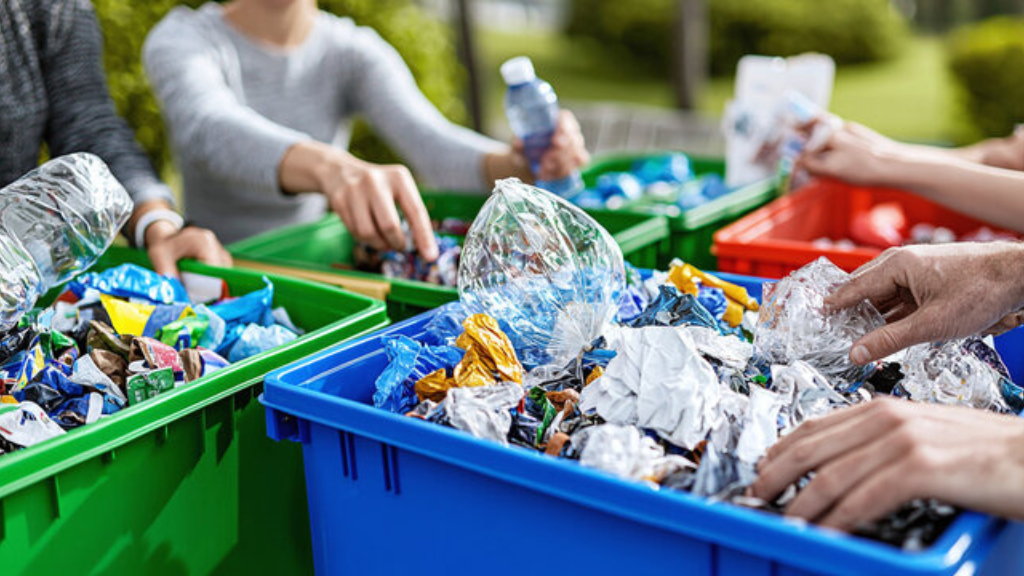 Several people sort through bins of loose plastic waste