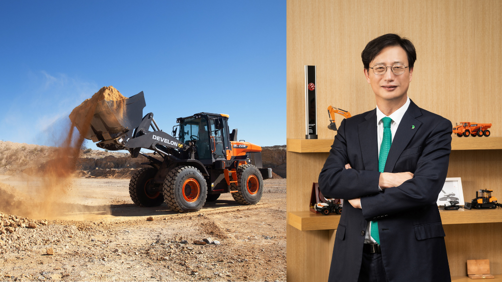 A split image of a wheel loader moving material in its bucket and a man posing for a headshot in a suit