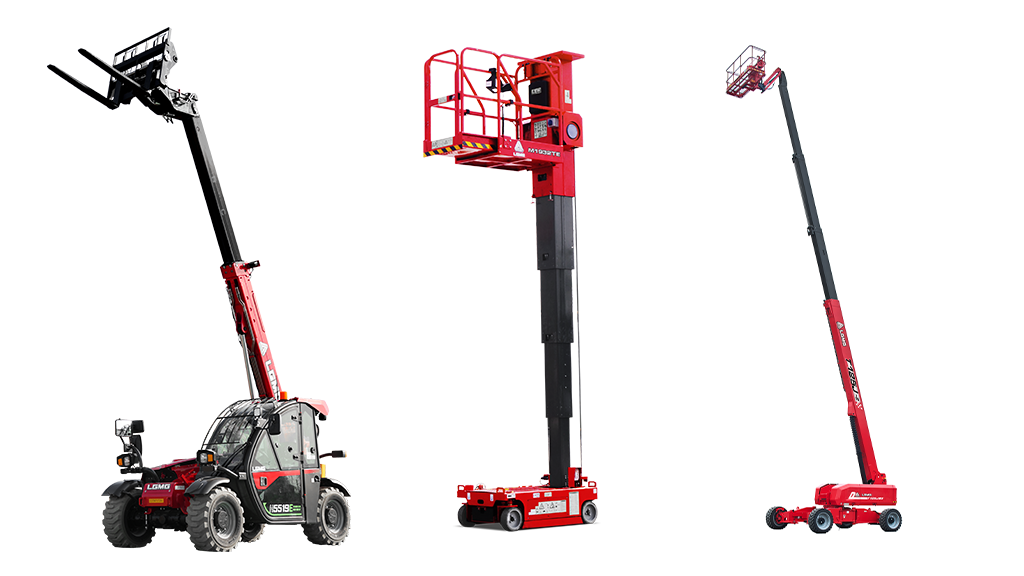 A three-way split image of a vertical mast lift, a telescopic boom lift, and an electric mini telehandler A three-way split image of a vertical mast lift, a telescopic boom lift, and an electric mini telehandler