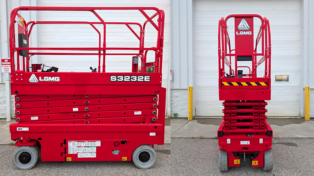 A split image of the side and the front of a red slab scissor lift A split image of the side and the front of a red slab scissor lift