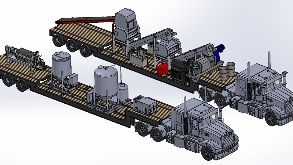 A digital design of two trucks hauling a custom battery shredding system A digital design of two trucks hauling a custom battery shredding system