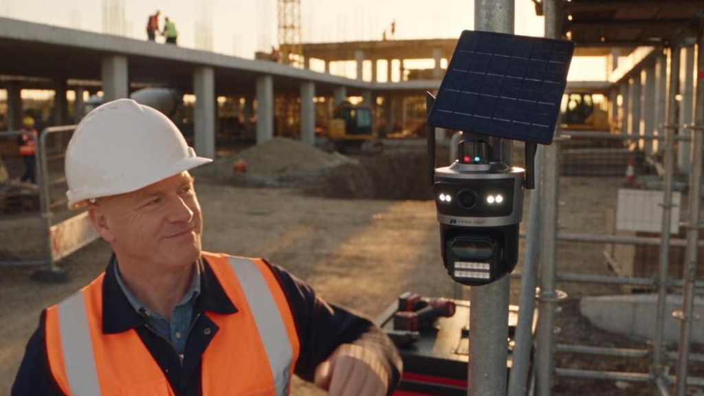 A man installs a camera on a construction site