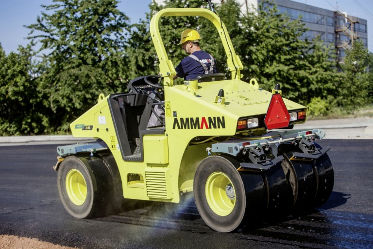Ammann pivotsteered pneumatictired roller has operating weight of 3,200 kg