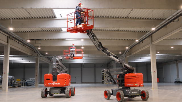Skyjack's rough-terrain hybrid and electric articulating booms are now available in North America